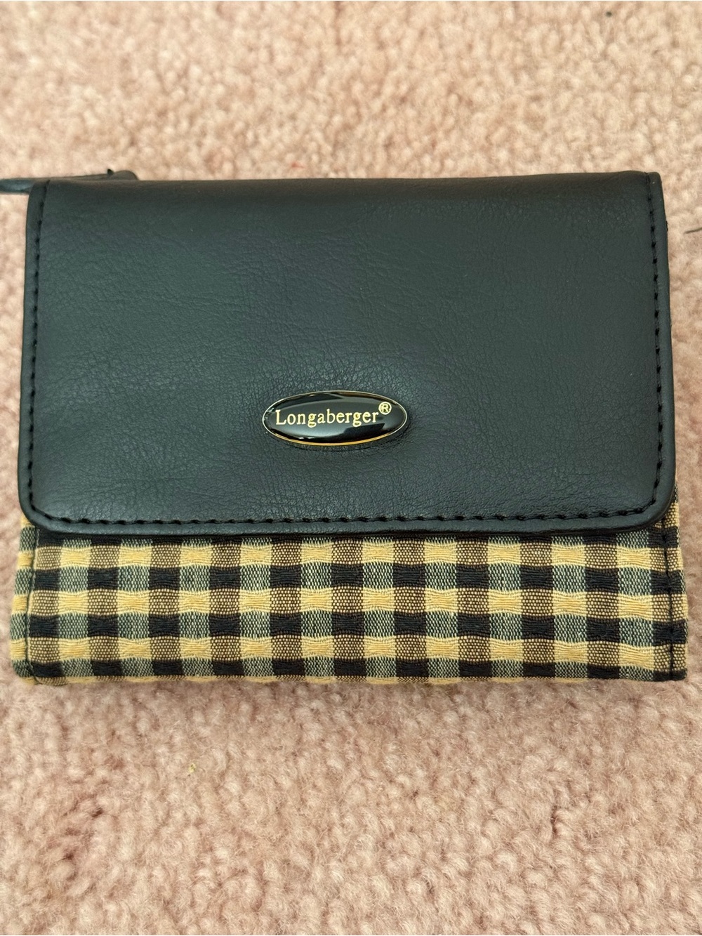 Longaberger Black and Tan Check Trifold Billfold Wallet